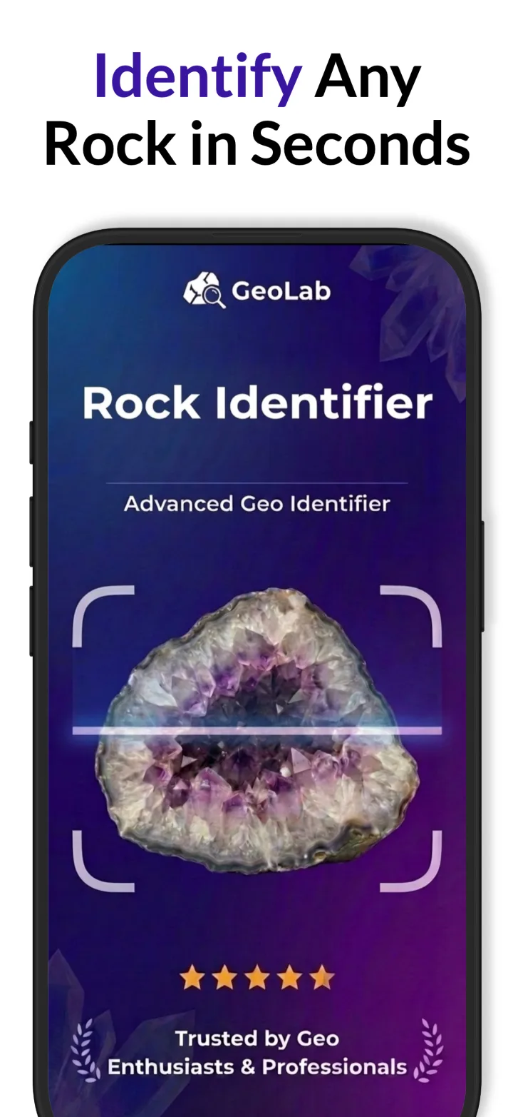 Rock Identifier home view for scanning showing a centered geode inside a camera frame overlay, app title and five-star rating.