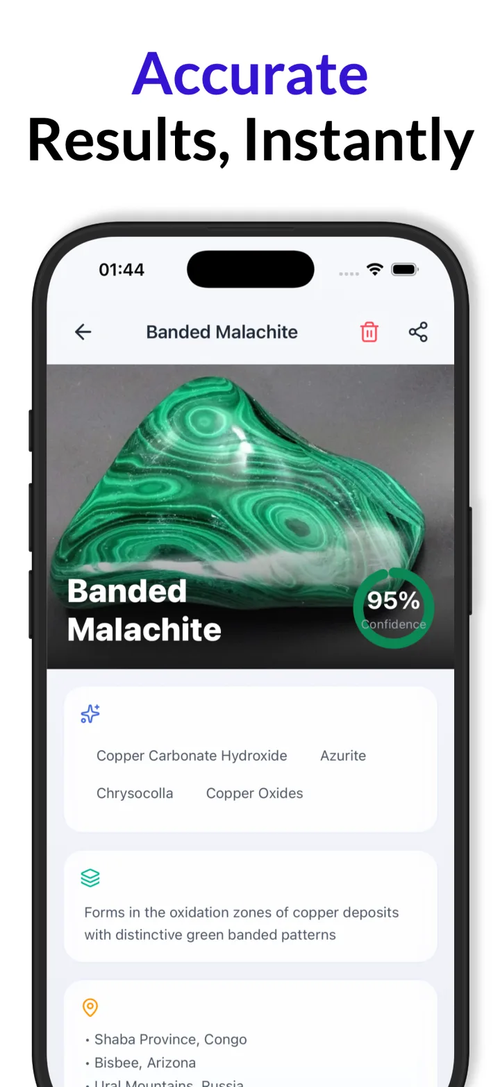 Rock Identifier result screen showing 'Banded Malachite', a '95%' confidence badge, and descriptive cards listing minerals and formation notes.